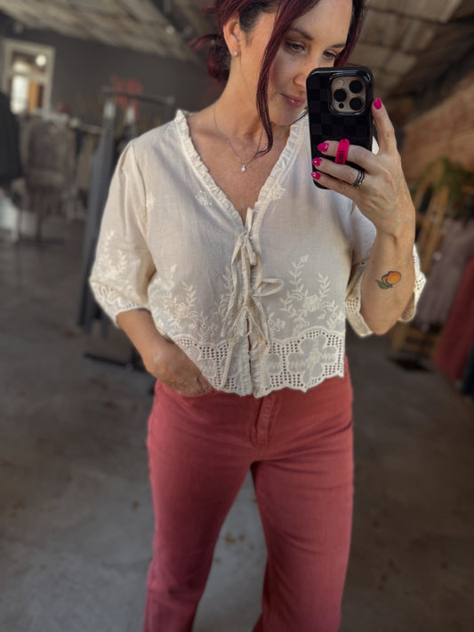 Anni Embroidery Tie Front Blouse