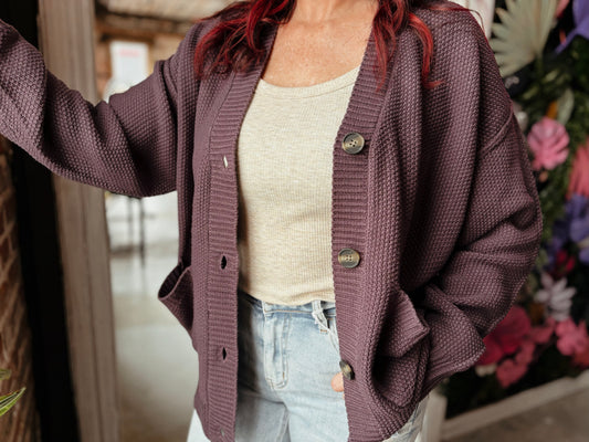 Oversized Button Up Cardigan - Plum