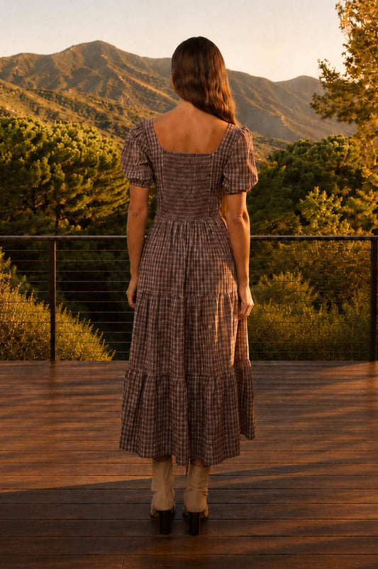 PLAID PUFF SLEEVE CORSET DETAIL TIERED MIDI DRESS : MOCHA