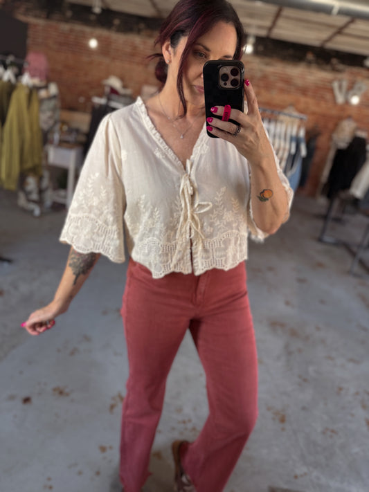 Anni Embroidery Tie Front Blouse