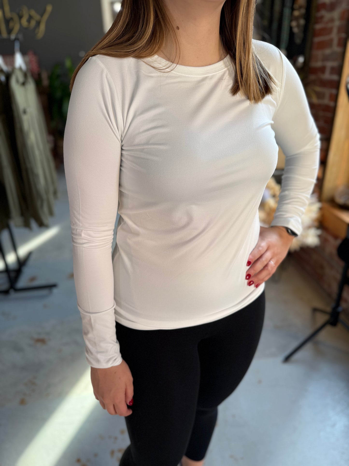 Basic Round Neck Long Sleeve Top - Off White