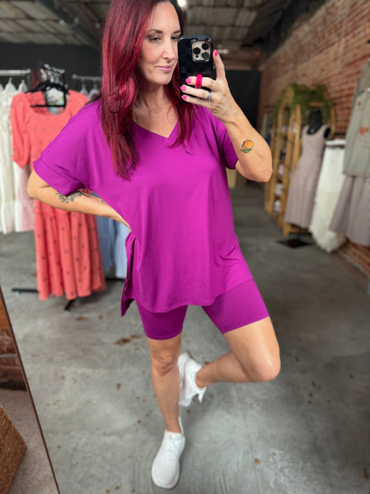 Brushed Biker Short Set - Plum