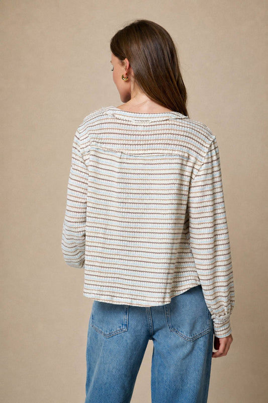 MULTICOLOR STRIPE LONG SLEEVE YOKE DETAIL KNIT TOP: LIGHT BLUE
