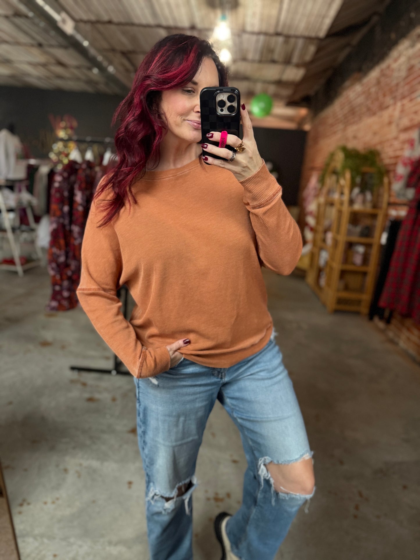Waffle Ribbed Pullover - Amber