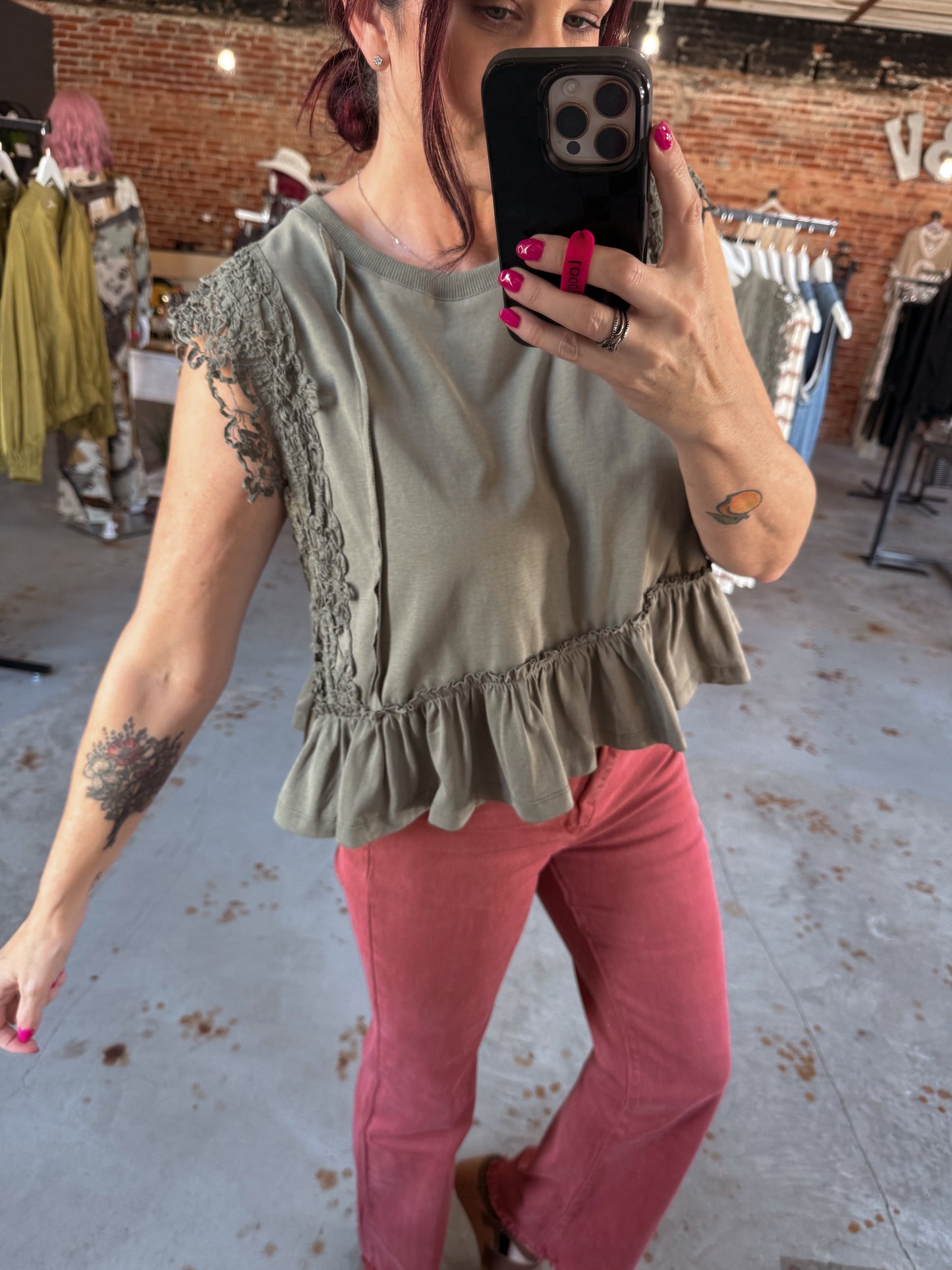 Side Lace Trim Ruffle Hem Top Olive