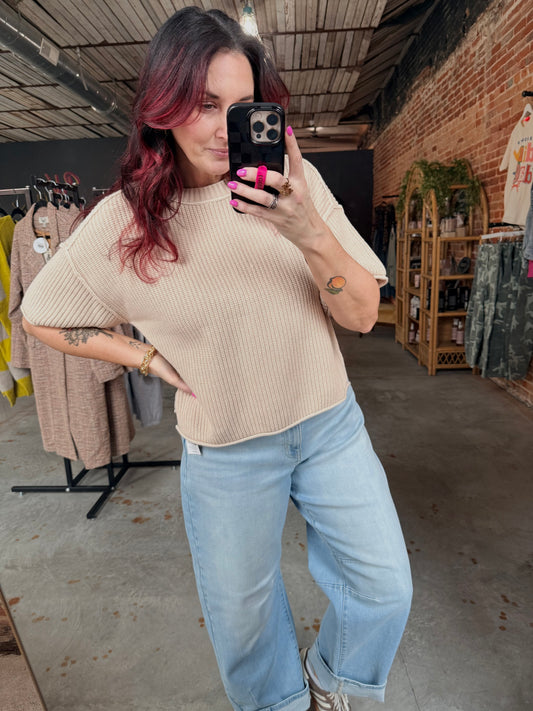 Washed Boxy Knit Top - Khaki