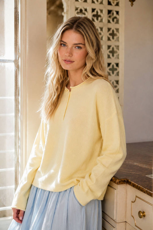 RAW ROLLED EDGE HENLEY RELAXED PULLOVER SWEATER : OATMEAL