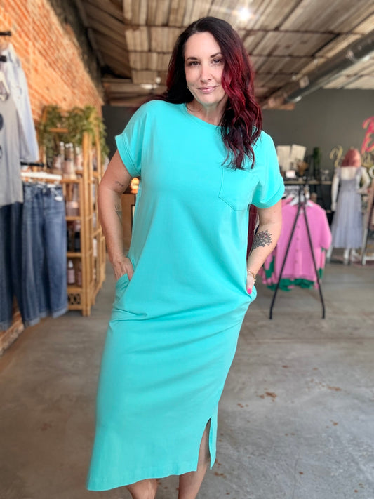 Short Sleeve Pocket Midi Dress - Mint