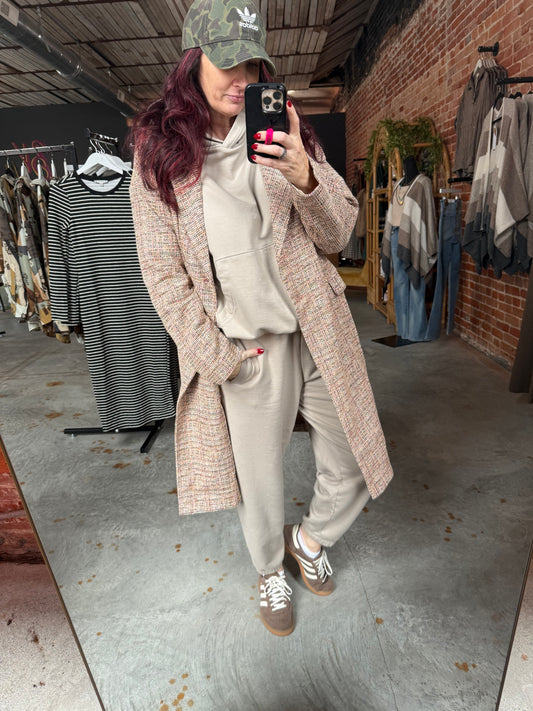 Double Button Tweed Coat - Blush Grey