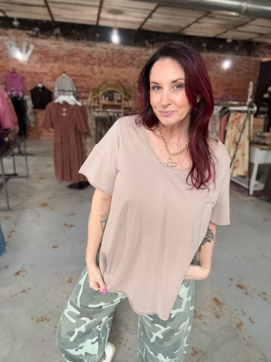 Joey V Neck Boyfriend Tee - Mocha