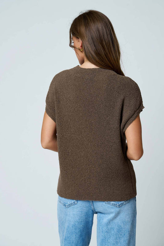POCKET DETAIL DROP SHOULDER SHORT SLEEVE SWEATER : LIGHT MOCHA
