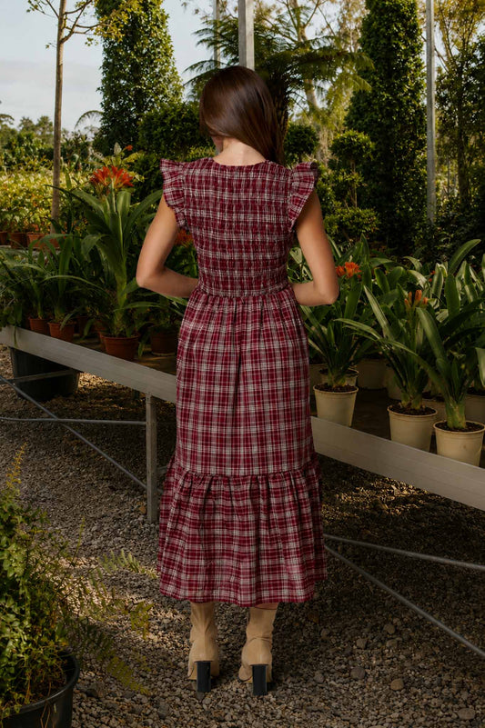 PLAID SMOCKED V NECK BUTTON DOWN RUFFLED MIDI DRES: BURGUNDY