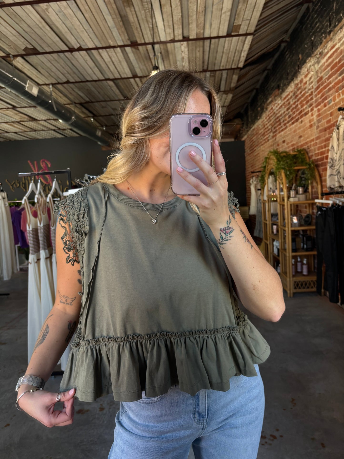 Side Lace Trim Ruffle Hem Top Olive
