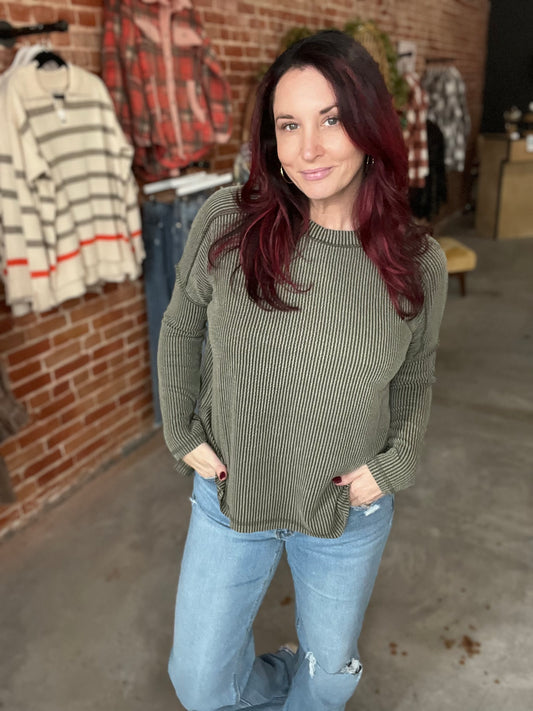 Textured Raw Edge Long Sleeve Top - Olive