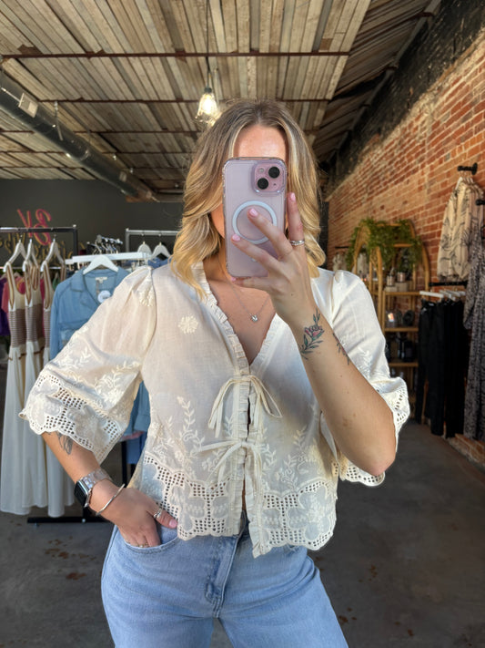 Anni Embroidery Tie Front Blouse