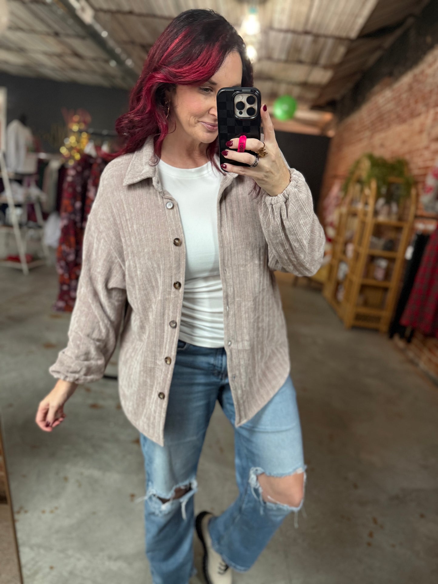 Textured Chenille Button Up Top