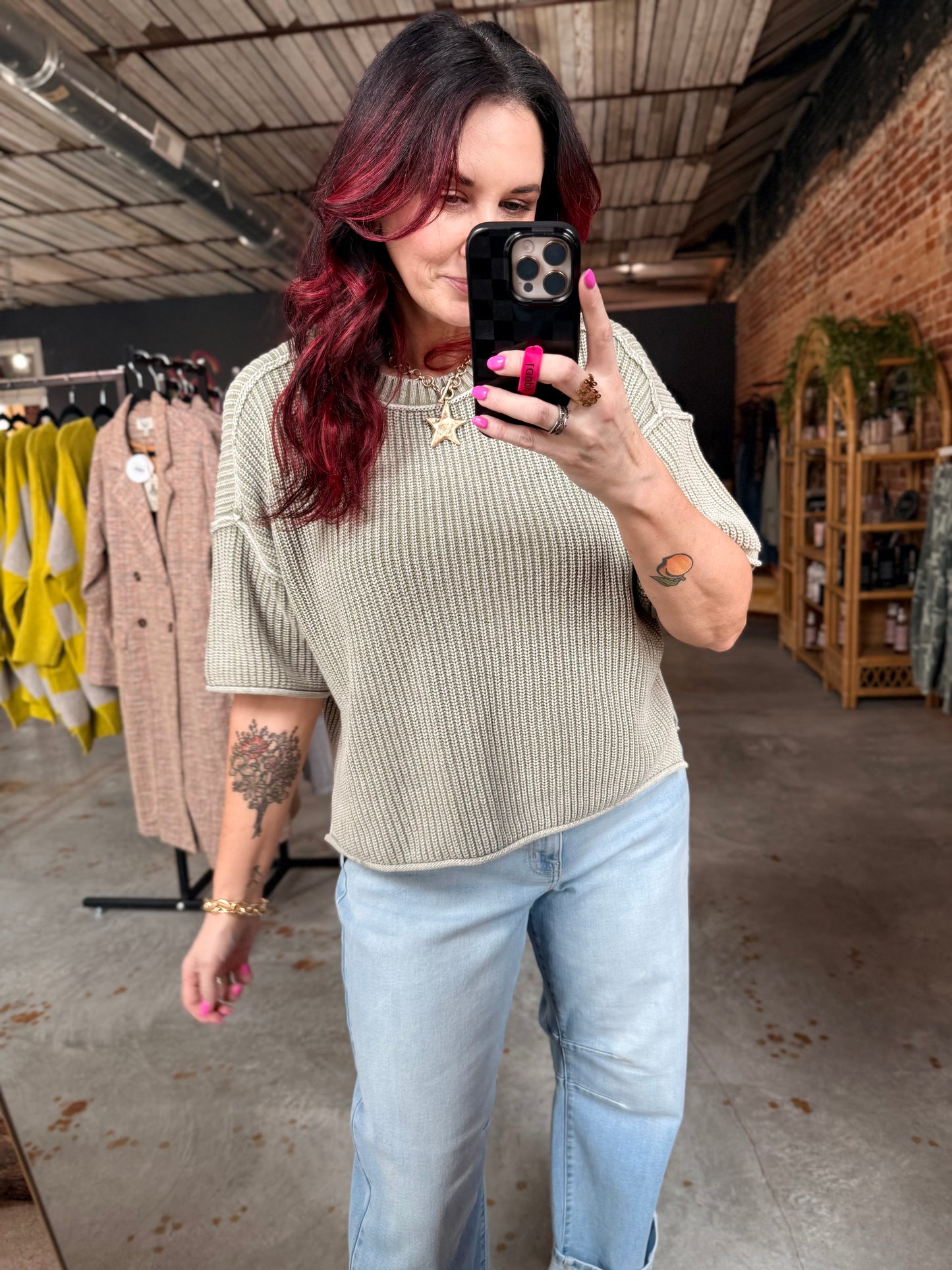 Washed Boxy Knit Top - Light Olive