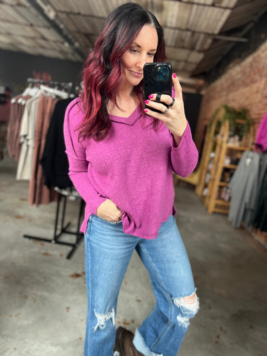 Brushed V Neck Sweater - Plum