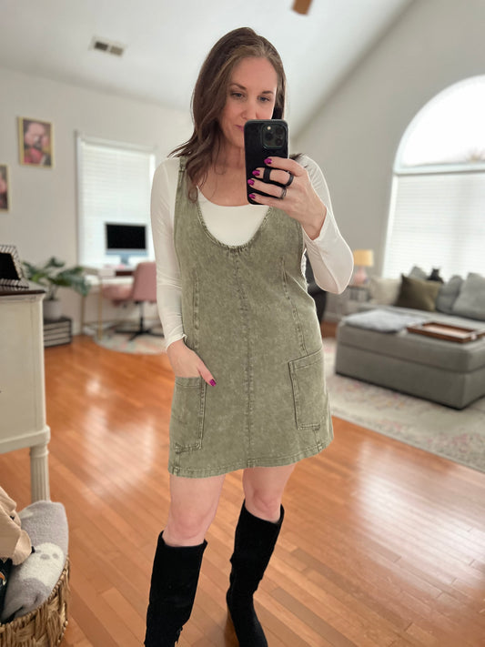 Mineral Wash Jumper Dress - Olive