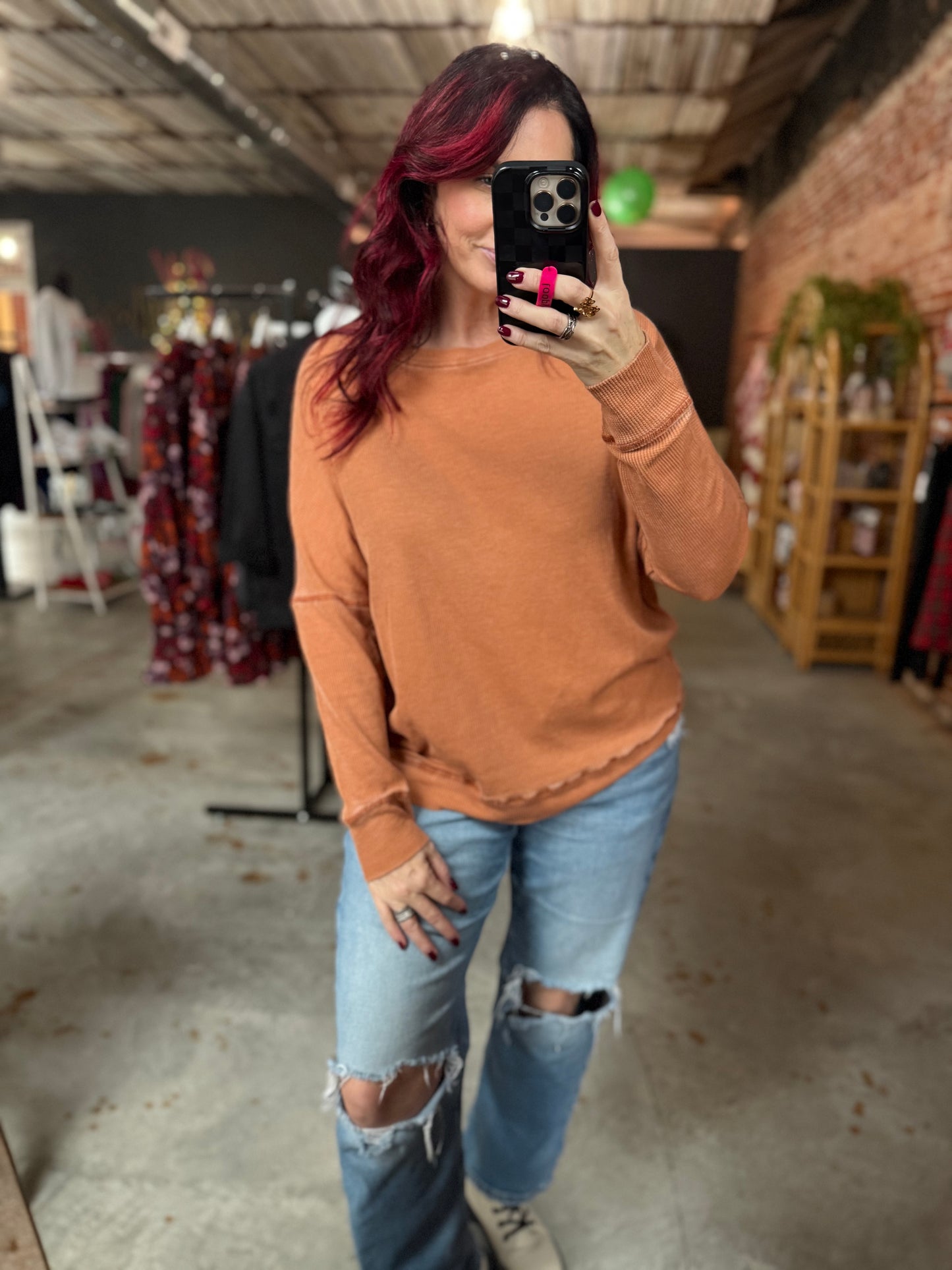 Waffle Ribbed Pullover - Amber