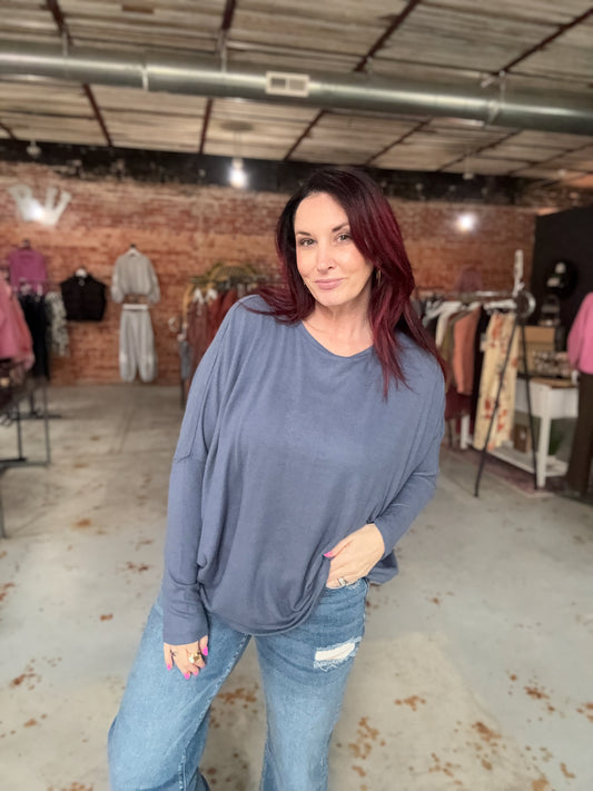 Relaxed Fit Dolman Long Sleeve Top - Dusty Navy