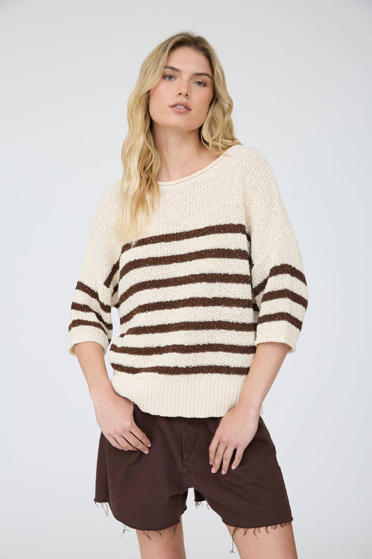 STRIPE TEXTURED KNIT HALF SLEEVE KNIT SWEATER (PRE-ORDER): CHOCOLATE BROWN