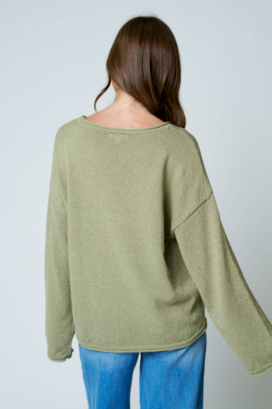 TEXTURED RAW EDGE LONG SLEEVE KNIT SWEATER: OLIVE