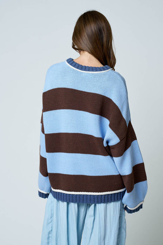 OVERSIZED STRIPE CREW NECK LONG SLEEVE SWEATER: BLUE