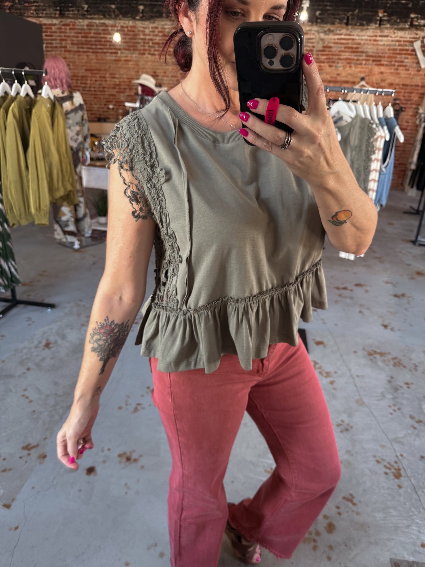 Side Lace Trim Ruffle Hem Top Olive