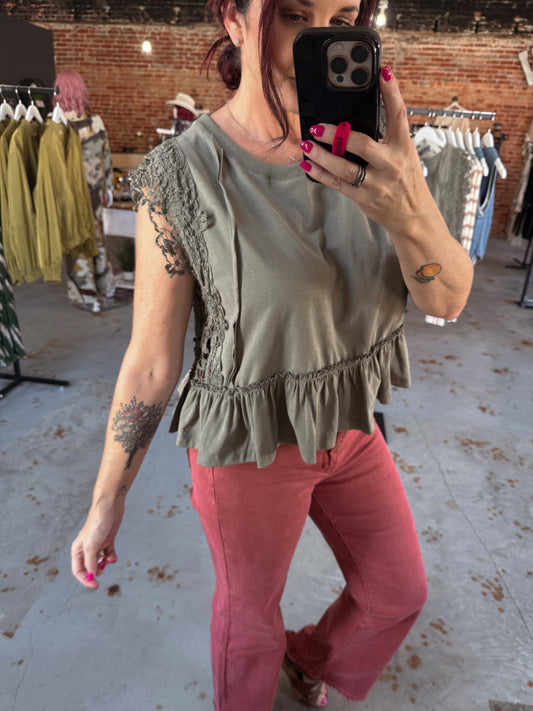 Side Lace Trim Ruffle Hem Top Olive
