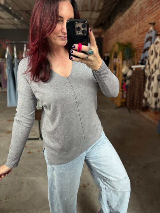 V-Neck Basic Sweater - Heather Grey