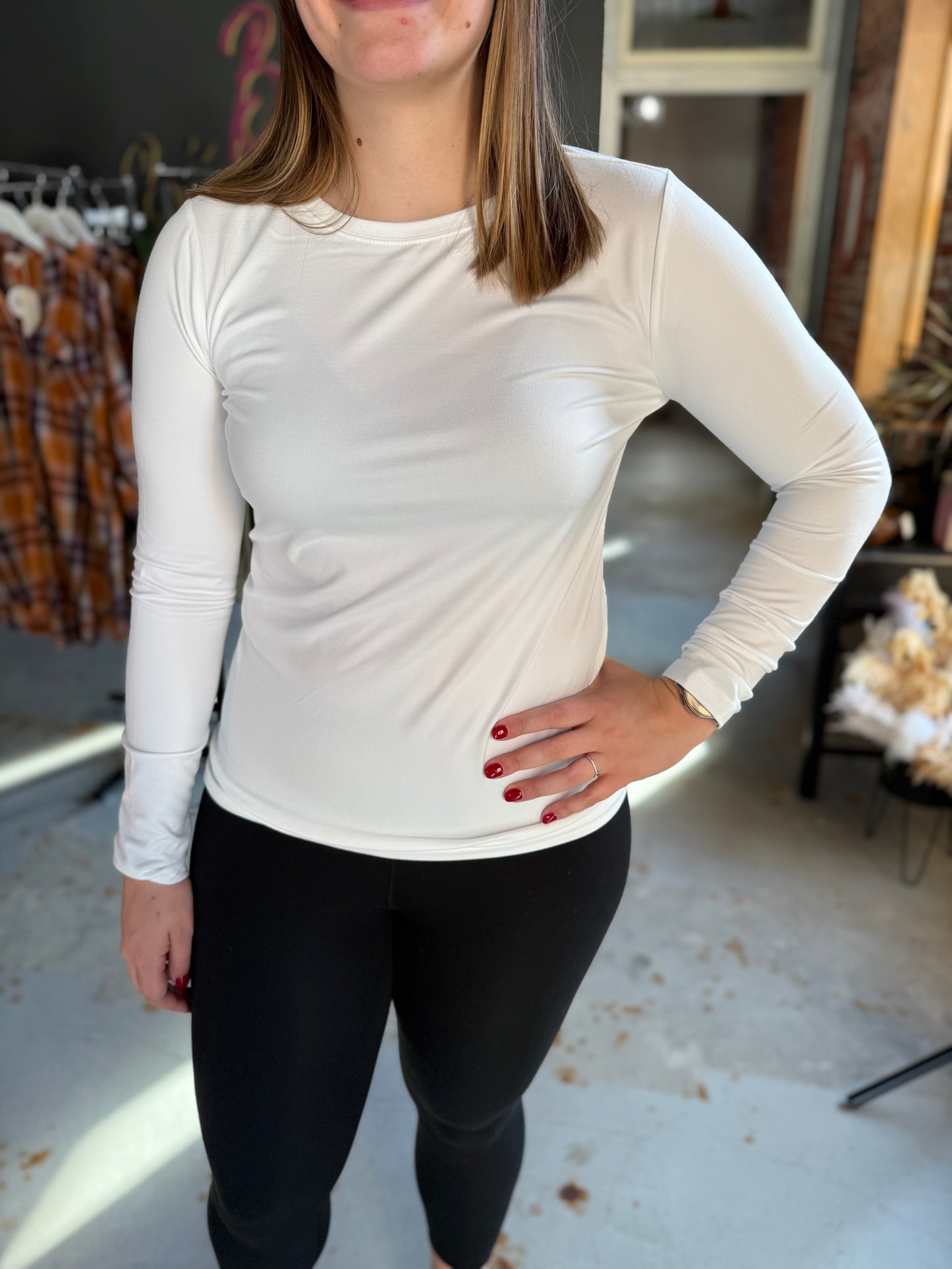 Basic Round Neck Long Sleeve Top - Off White