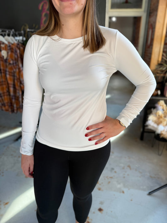 Basic Round Neck Long Sleeve Top - Off White