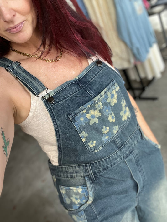Denim Flower Overalls