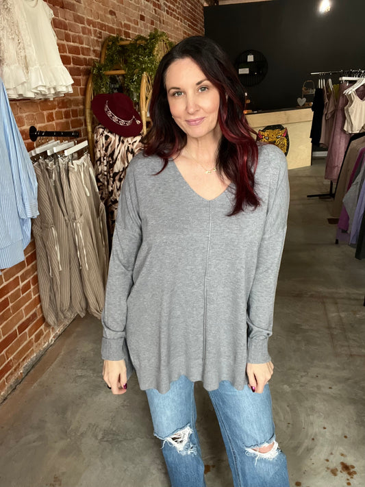 V-Neck Basic Sweater - Grey