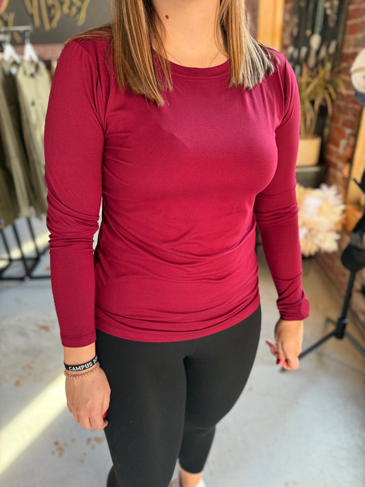 Basic Round Neck Long Sleeve Top - Burgundy