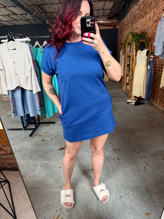 Rolled Sleeve Pocket Dress - Navy