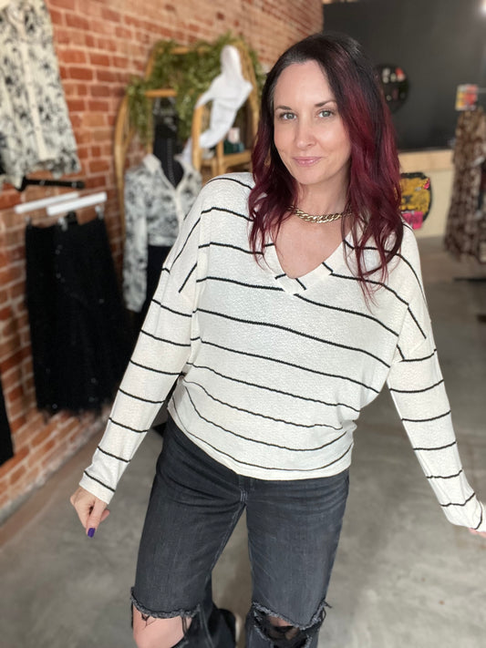 Striped V Neck Top - Ivory