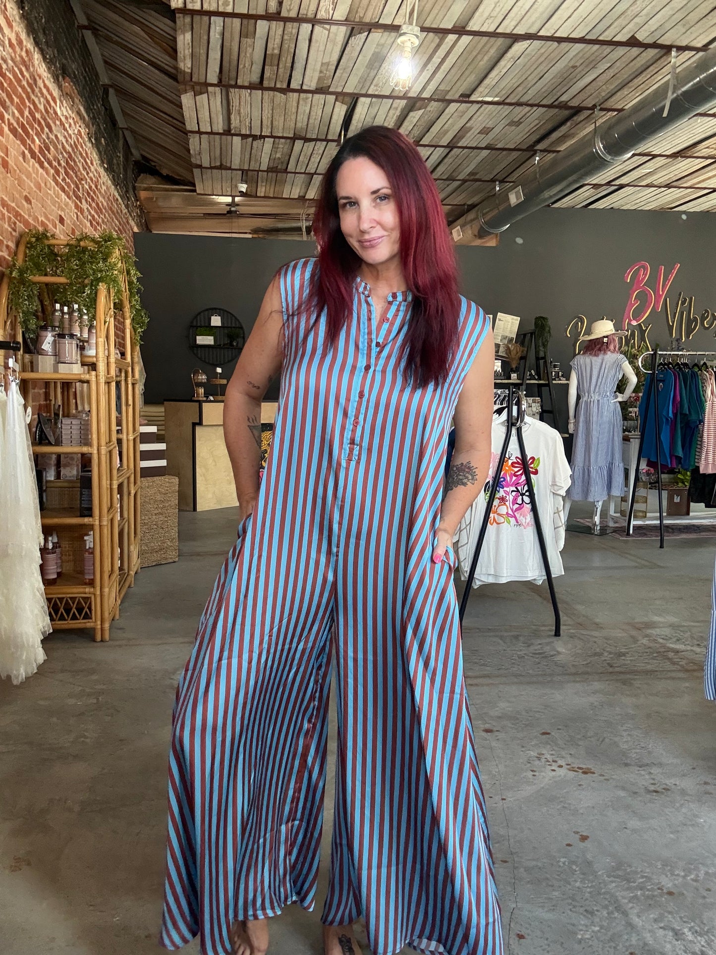 Wide Leg Stripe Satin Jumpsuit