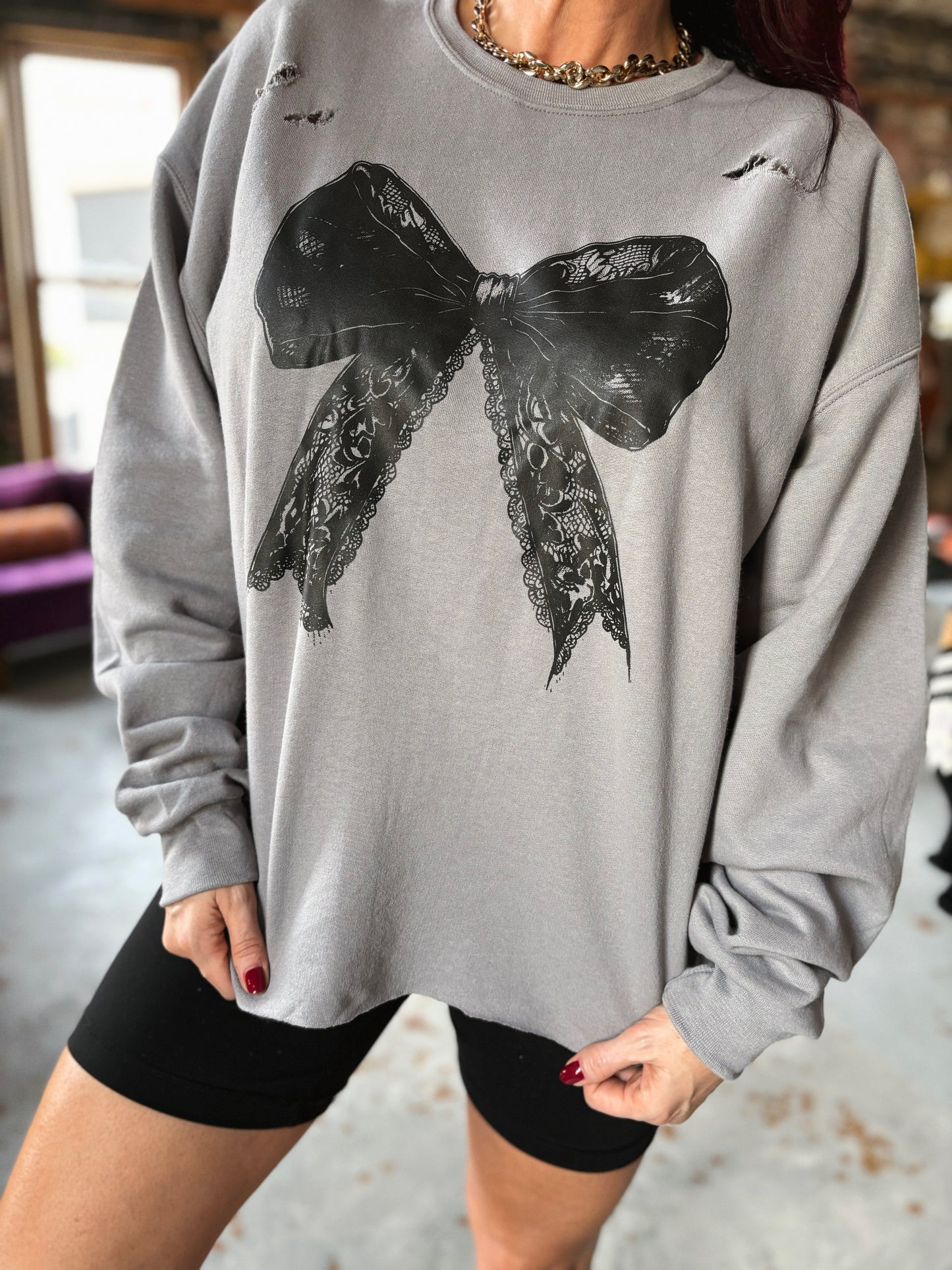 Lace Bow Distressed Sweatshirt