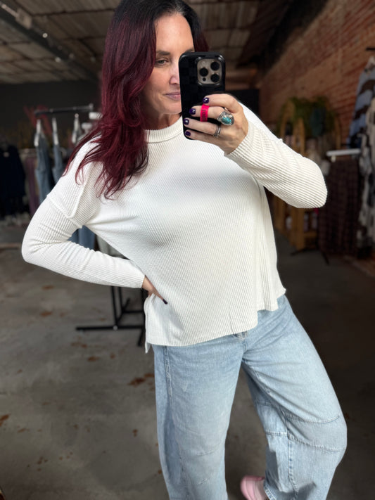 Ribbed Raw Edge Long Sleeve - White