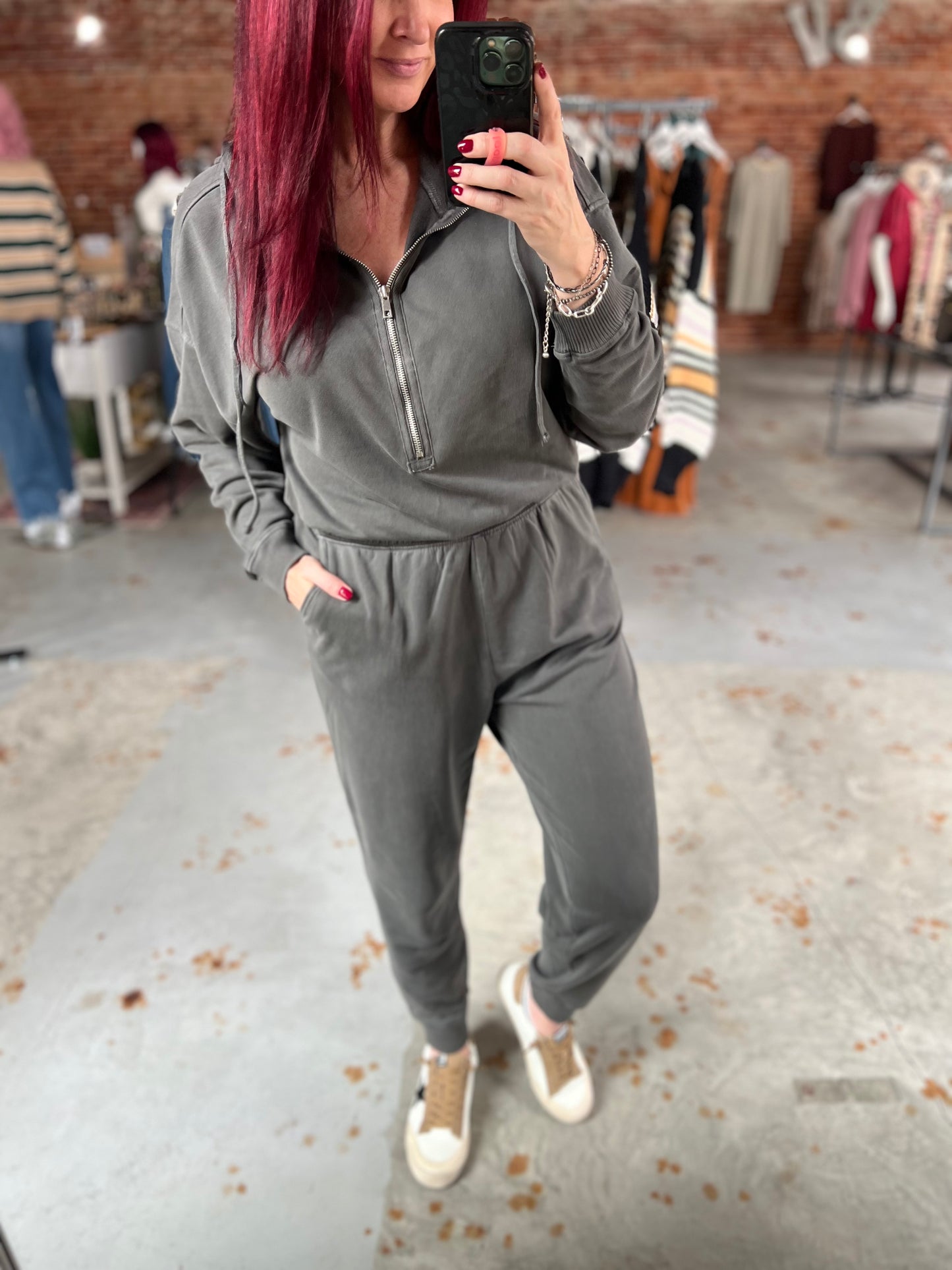 Hooded Long Sleeve Jumpsuit - Charcoal