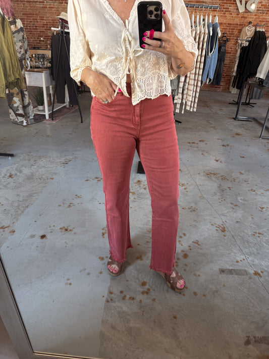 Acid washed frayed cutoff hem straight wide pants