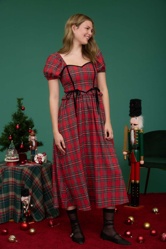 Plaid Velvet Trim Midi Dress