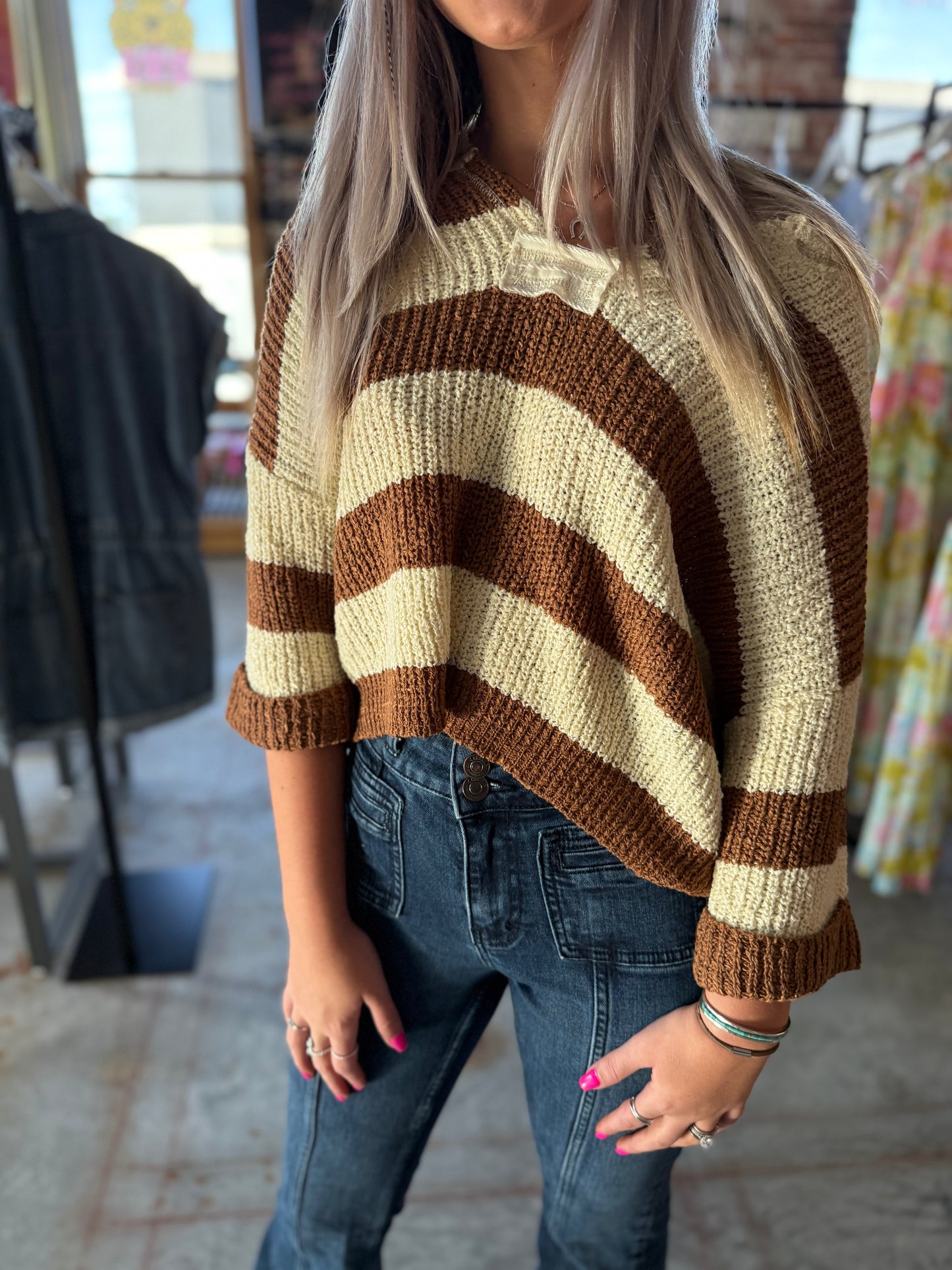 Split Neck Stripe Sweater - Camel