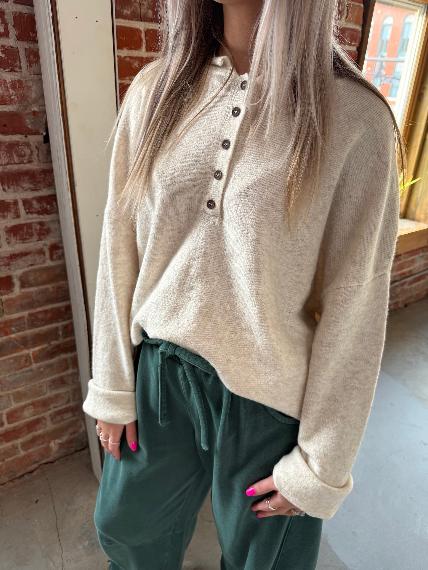 Raw Rolled Edge Henley Relaxed Pullover Sweater