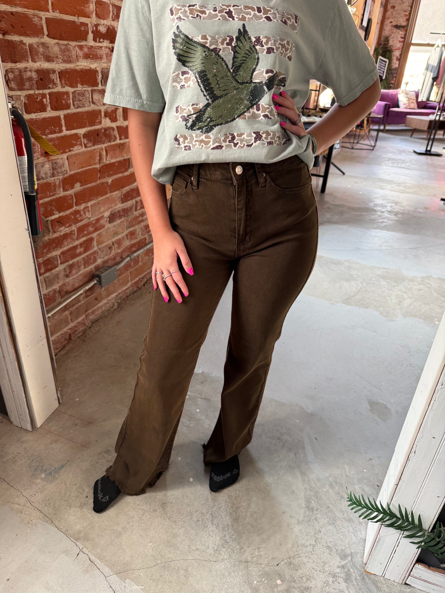 Acid washed frayed hem pants - Espresso