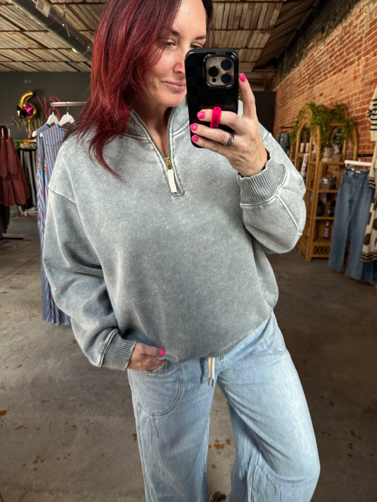 Acid Wash Fleece Half Zip Sweatshirt