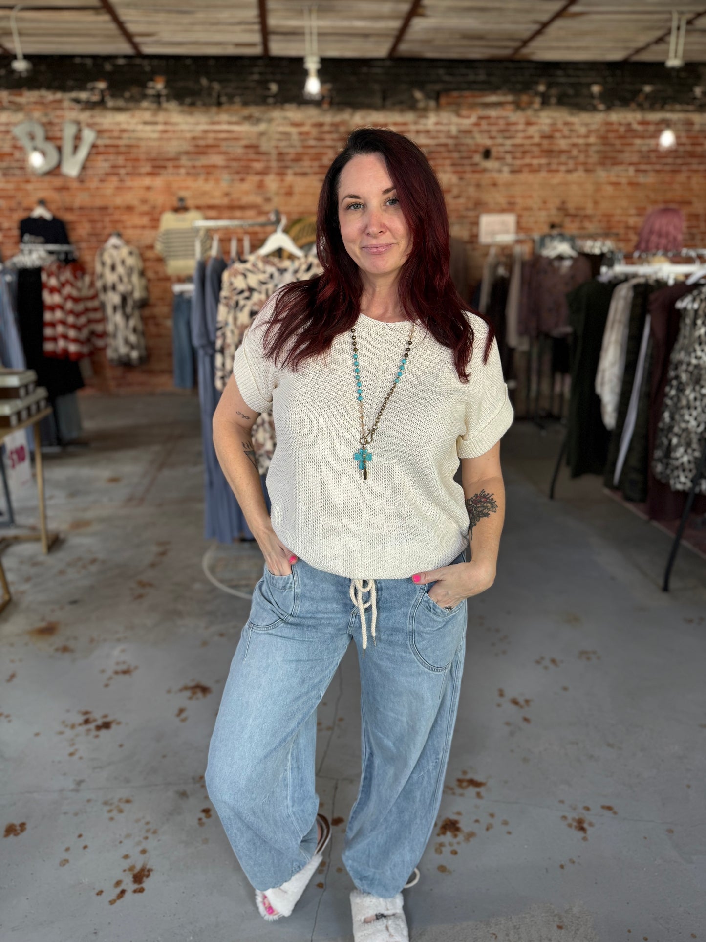 Center Seam Short Sleeve Sweater - Cream
