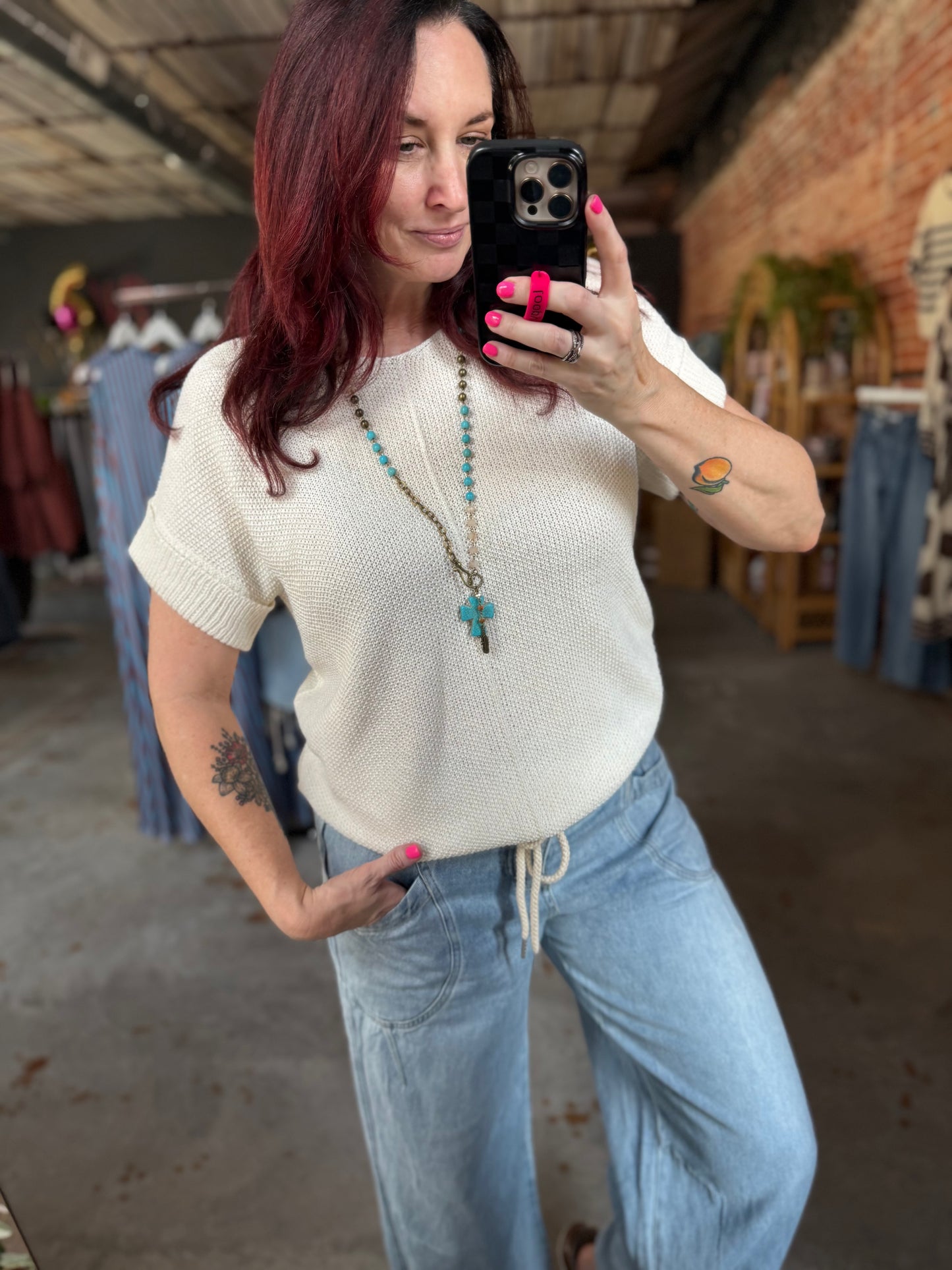Center Seam Short Sleeve Sweater - Cream